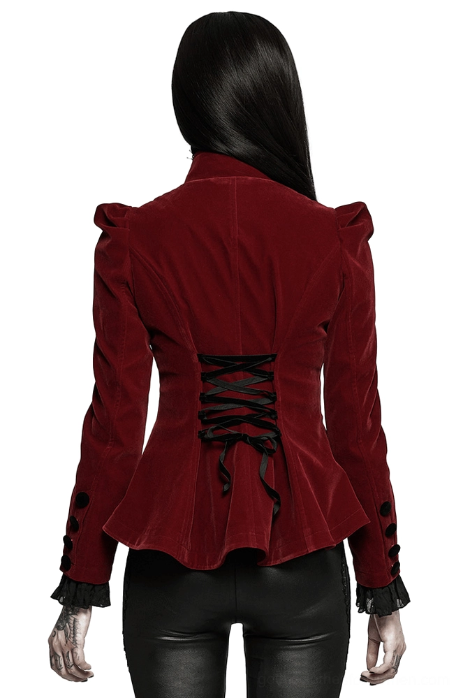 Gothic wine red velvet jacket back view showing black ribbon corset lace-up, padded puff shoulders, and flared peplum hem