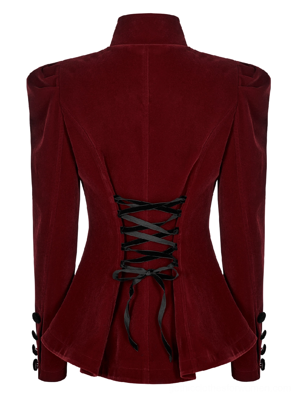 Back flat view of wine red gothic velvet jacket highlighting full corset lace-up panel, flared hem, and padded shoulder construction