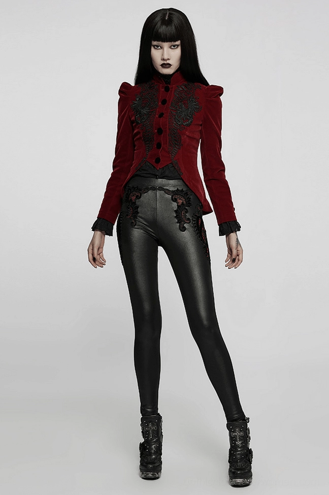 Wine red gothic velvet jacket additional detail shot emphasizing lace trim, button embellishments, and fabric texture quality