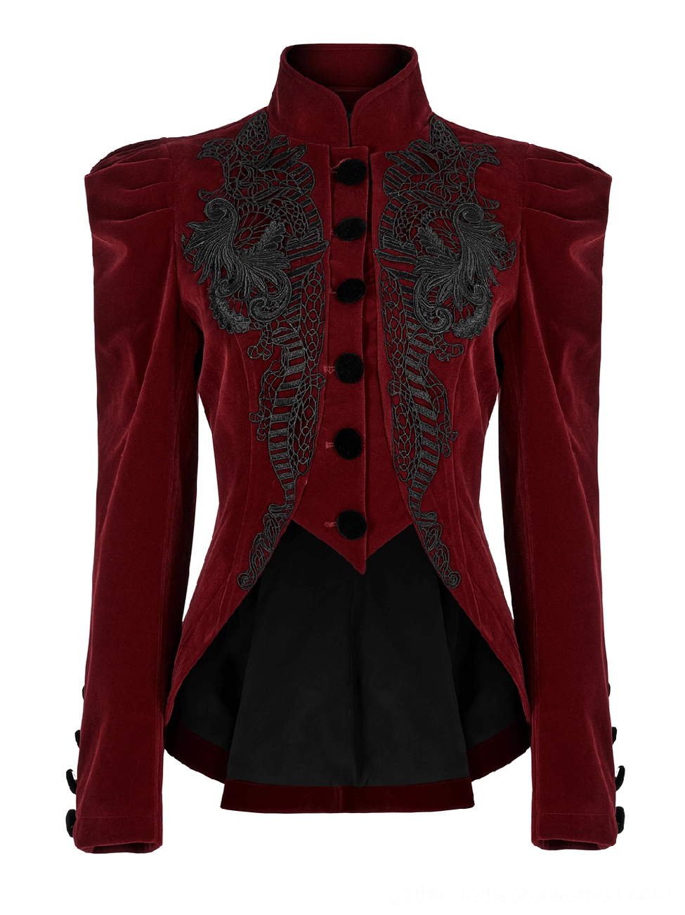 Wine red gothic velvet jacket front display view with stand collar, round velvet buttons, and decorative black lace accents