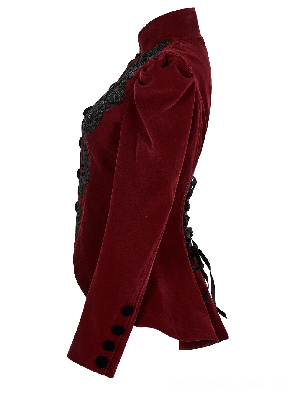 Side profile view of wine red velvet gothic jacket showing back lace-up corset detail and sleeve with decorative button cuffs