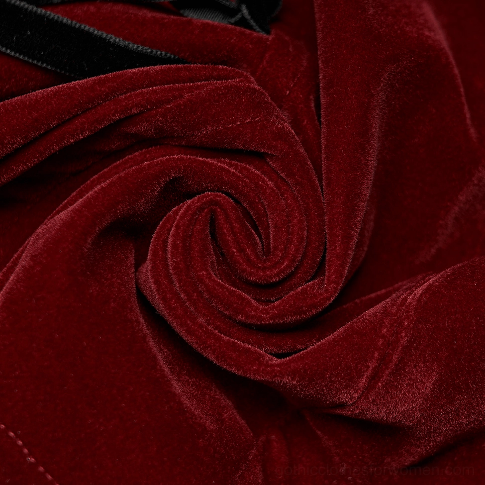 Wine red velvet gothic jacket additional styling view showing overall silhouette and ornate design elements from alternative angle