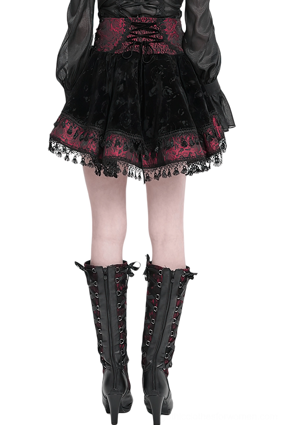 Gothic velvet skirt back view showing high-waisted lace-up corset waist and lace trim hem