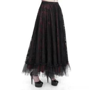 Women's wine red gothic lace layered maxi skirt with black overlay and tulle hem, worn with black platform heels, side view showing draped silhouette