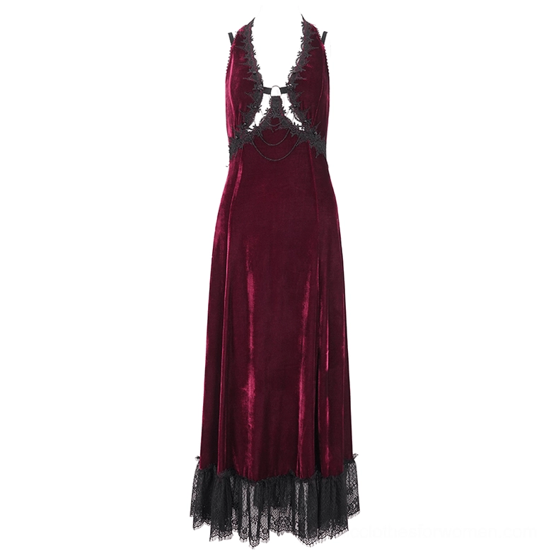 Wine red velvet gothic maxi dress with black lace hem and front chest cutout, mannequin display full-body view