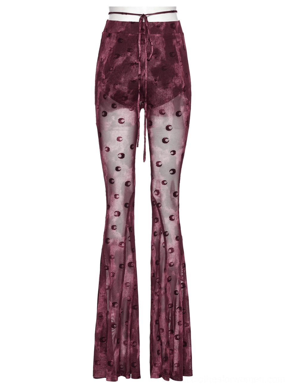 Side view of wine red gothic mesh flare trousers showing sheer fabric and flared hem