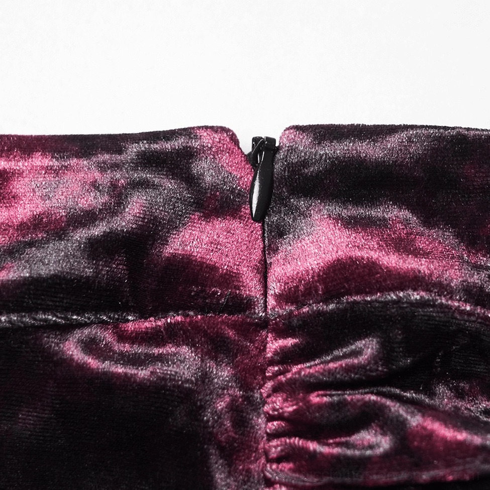 Wine red gothic velvet skirt detailed view of construction quality and tiered ruffled lace trim layering