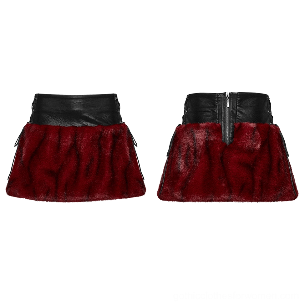 Flat lay front and rear views of wine red gothic tie-dye skirt showing lace-up side straps and rear zipper construction