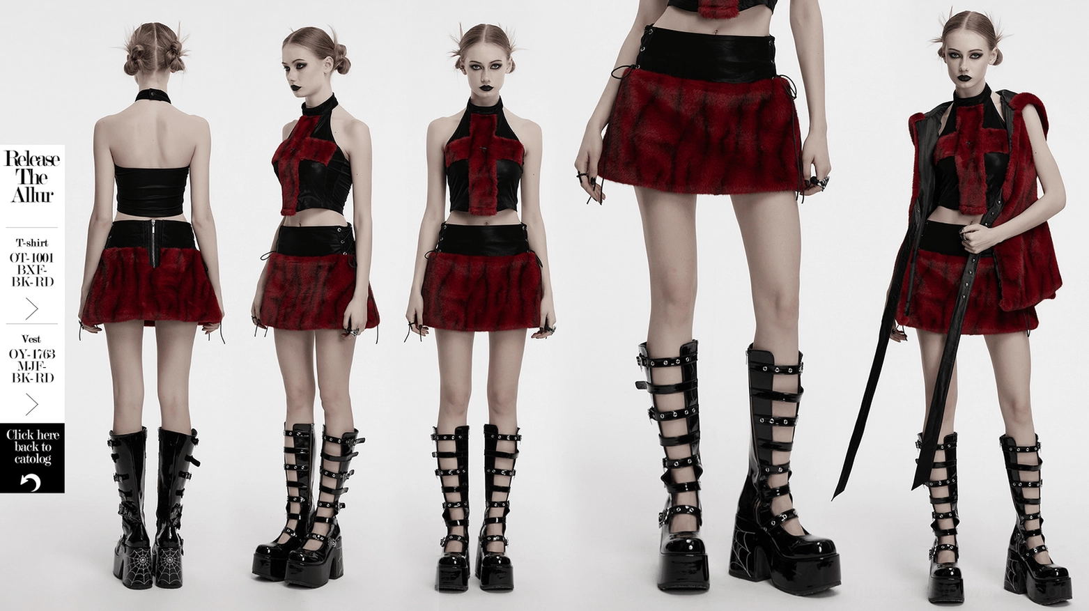 Full-length styling view of wine red gothic flame tie-dye skirt demonstrating complete outfit coordination