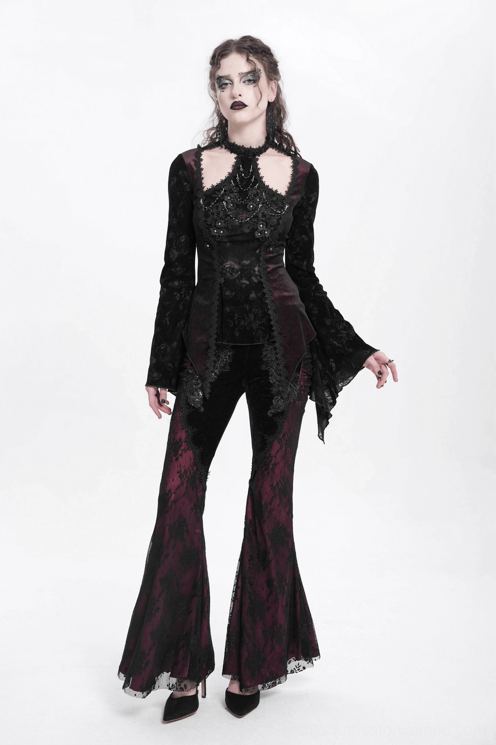 Wine red gothic lace bell sleeve top - front detail view emphasizing rose appliqués and lace overlay design