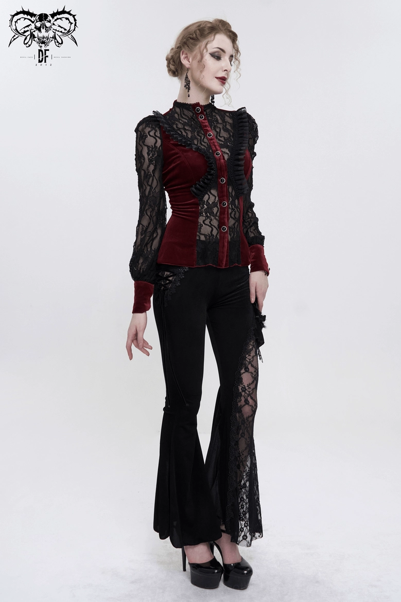 Wine red velvet gothic blouse with puff sleeves, stand collar, and black lace trim - primary product image