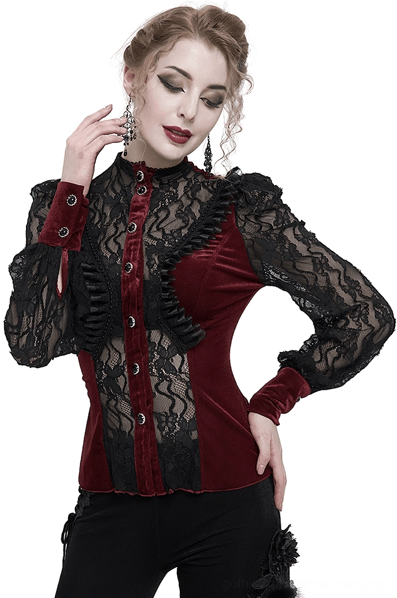 Wine red velvet gothic blouse with lace puff sleeves, stand collar, and black floral lace overlay - front three-quarter view