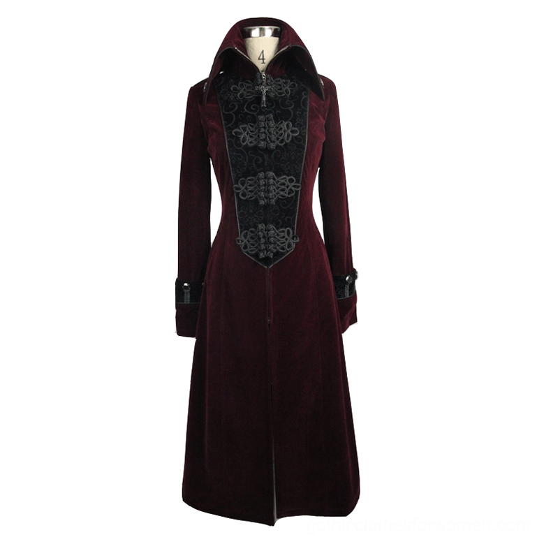 Wine red gothic velvet coat on dress form - front view with stand-up high collar, front slit hem, and black embroidered gothic detail panel