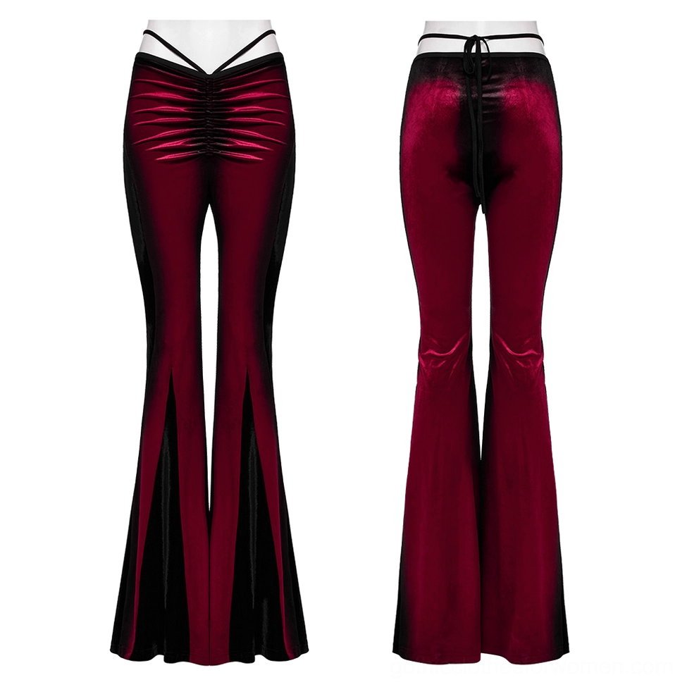 Wine red gothic velvet flared pants flat lay front view with V-cut waist and ruched pleat design