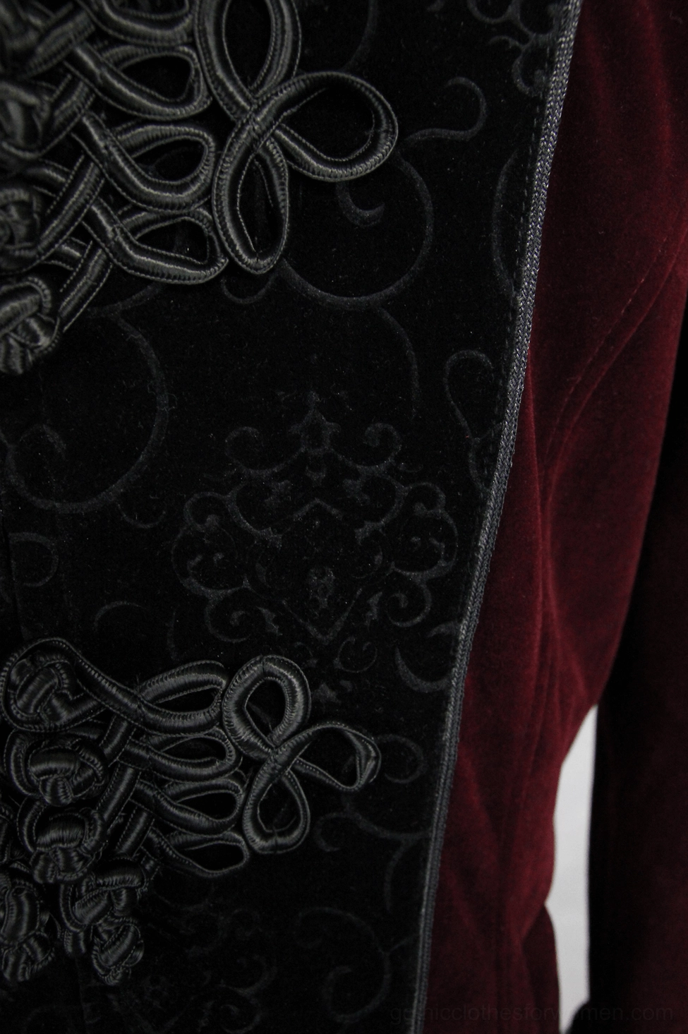 Wine red gothic winter coat styled full-body view - demonstrating dramatic maxi length, elegant silhouette, and statement alternative fashion piece