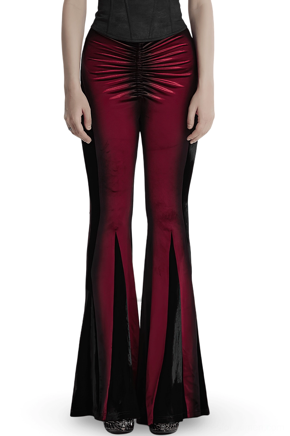 Wine red gradient velvet gothic flared pants front view on model showing pleat detail and slim fit silhouette