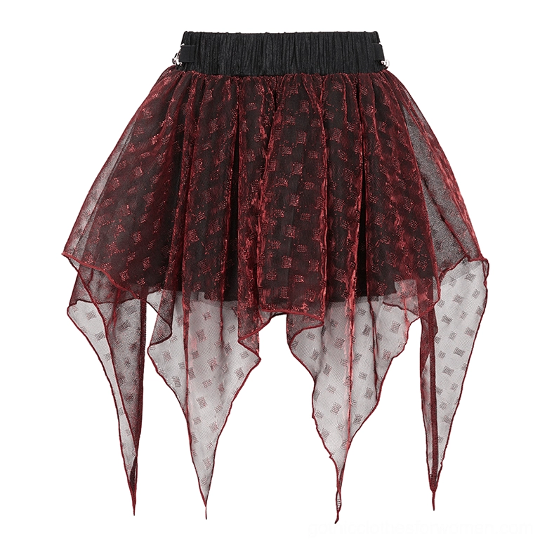Wine red textured mesh mini skirt close-up flat lay showing multiple asymmetric handkerchief hem layers