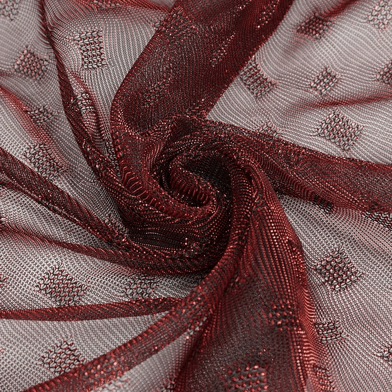 Wine red irregular mesh gothic skirt back detail view showing layered asymmetric hem and waistband