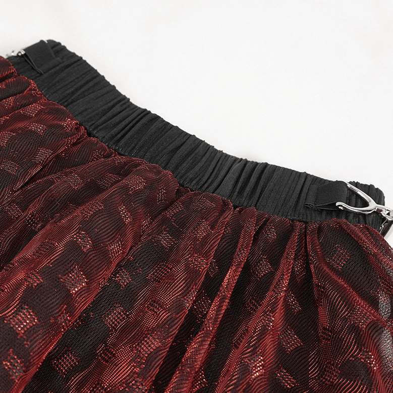 Wine red irregular mesh gothic skirt flat lay showcasing complete silhouette and asymmetric hem structure