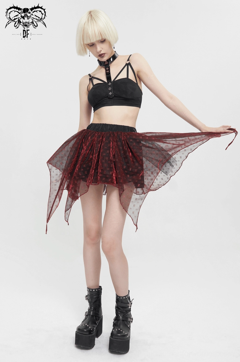 Wine red irregular mesh gothic skirt detail shot showing asymmetric layered handkerchief hem construction