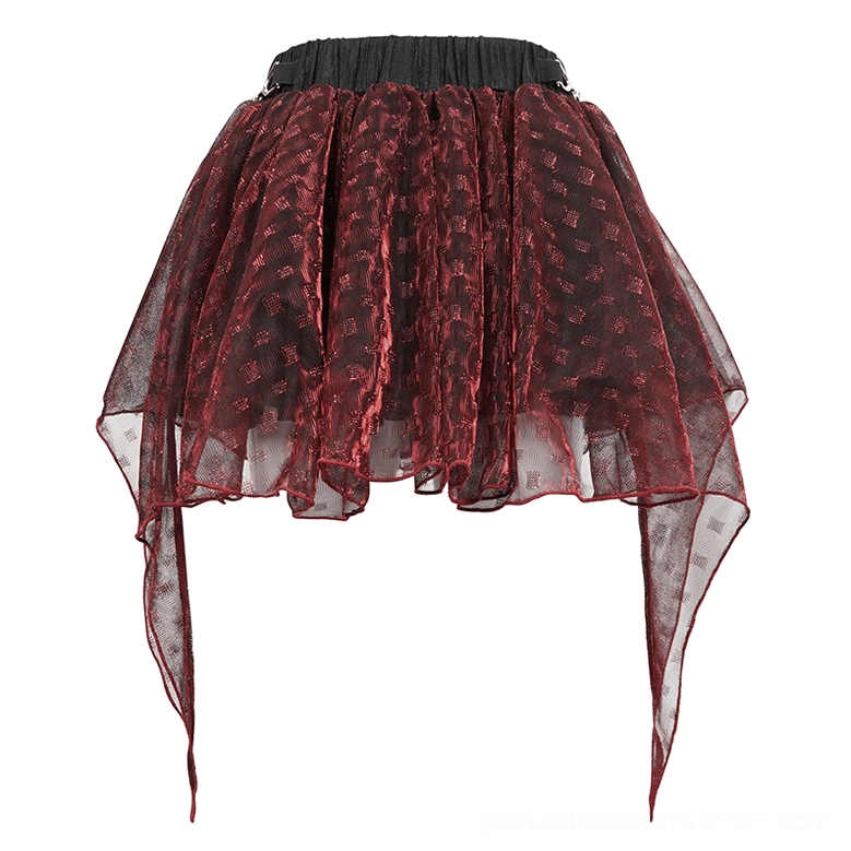 Wine red diamond-patterned mesh gothic mini skirt flat lay, asymmetric hem and elastic waistband detail