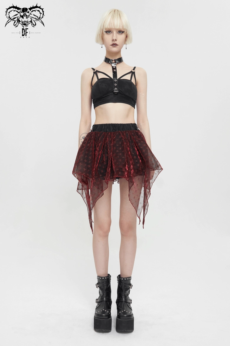 Full body goth styling with wine red irregular mesh mini skirt, black crop top, and metal choker