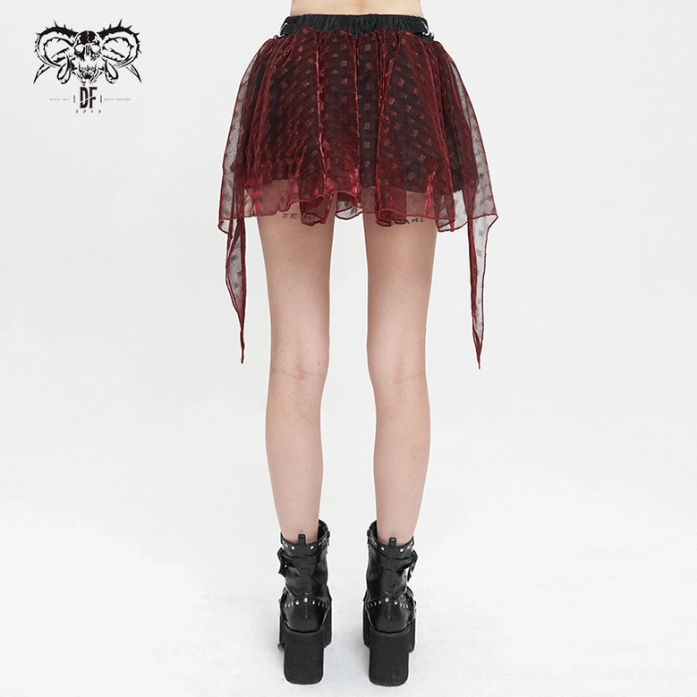 Wine red mesh mini skirt rear view on model with black platform boots and asymmetric handkerchief hem
