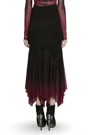 Gothic ombre mermaid skirt back view, wine red to black gradient mesh hem, slim-fitting waist detail, dramatic layered silhouette