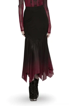 Wine red ombre mesh mermaid maxi skirt front view, Gothic gradient hem with asymmetric layered mesh points, alternative women's fashion