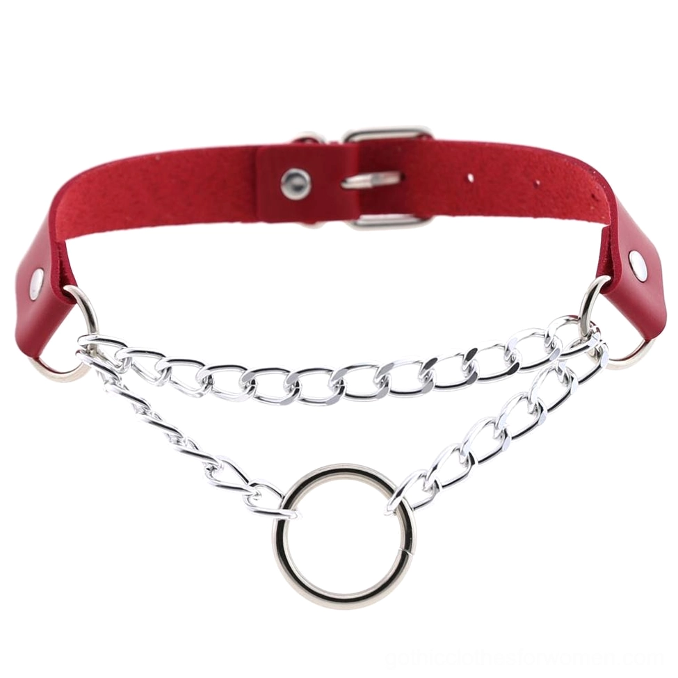 Deep wine red PU leather gothic chain choker with silver metallic chains and adjustable O-ring buckle system, front view