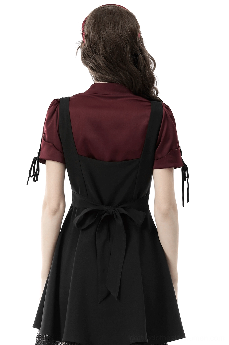 Wine red and black gothic two-piece outfit back view showing pinafore dress bow detail
