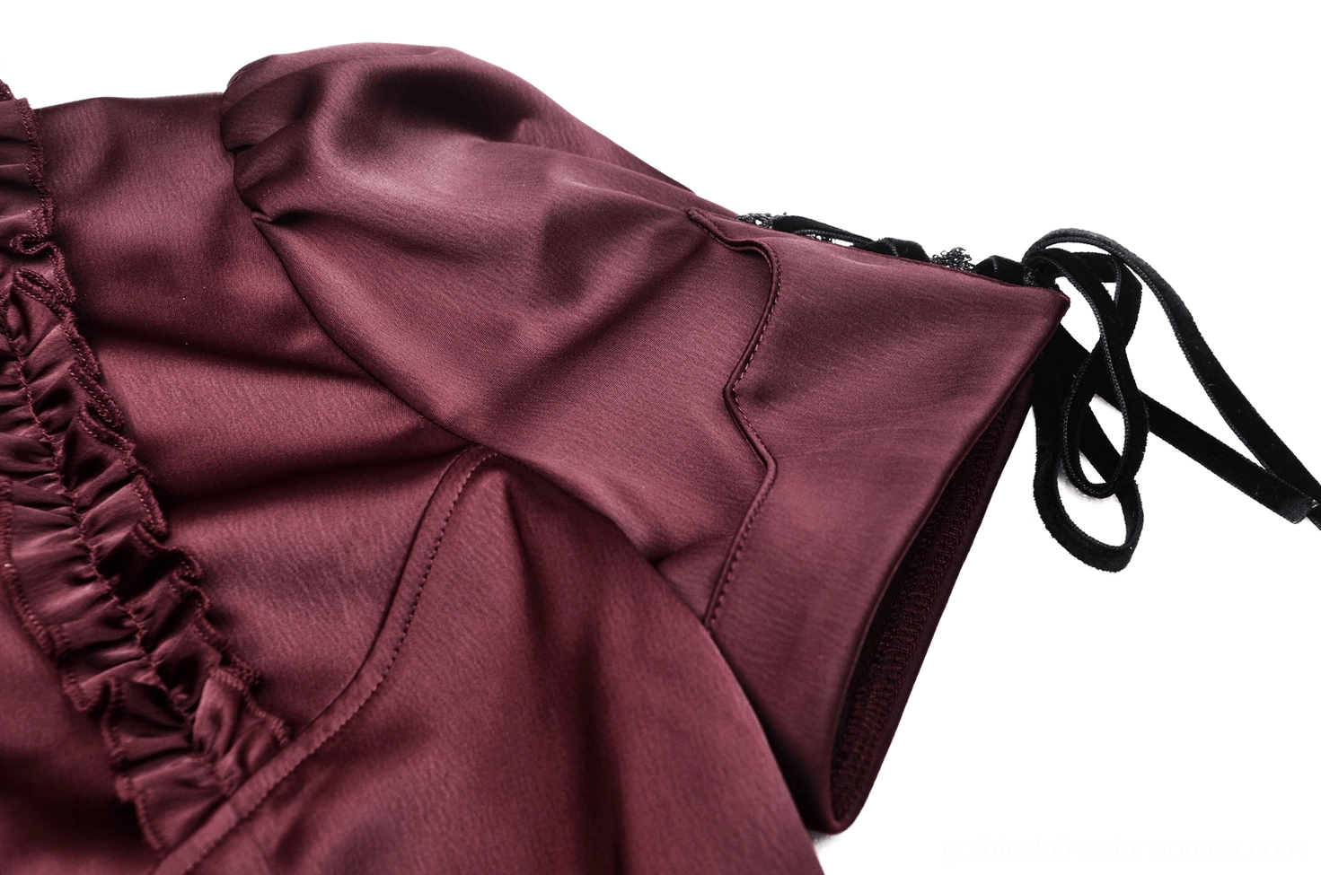 Wine red puff sleeve gothic blouse side view showing voluminous puff sleeve design with velvet drawstring