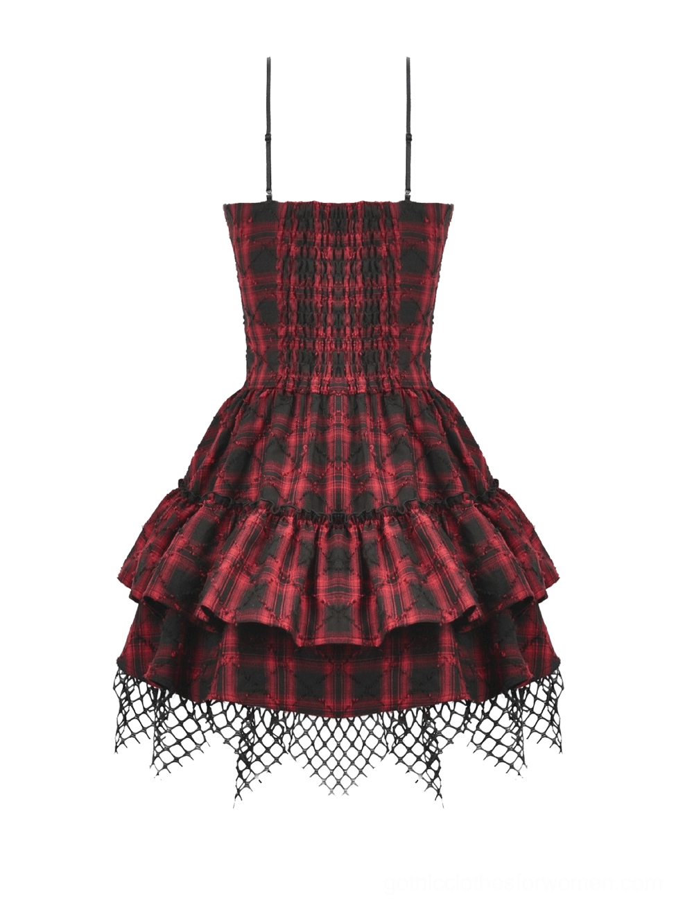 Flat lay back panel of tartan corset dress showing shirred elastic construction and fishnet lace hem trimming without corset details visible
