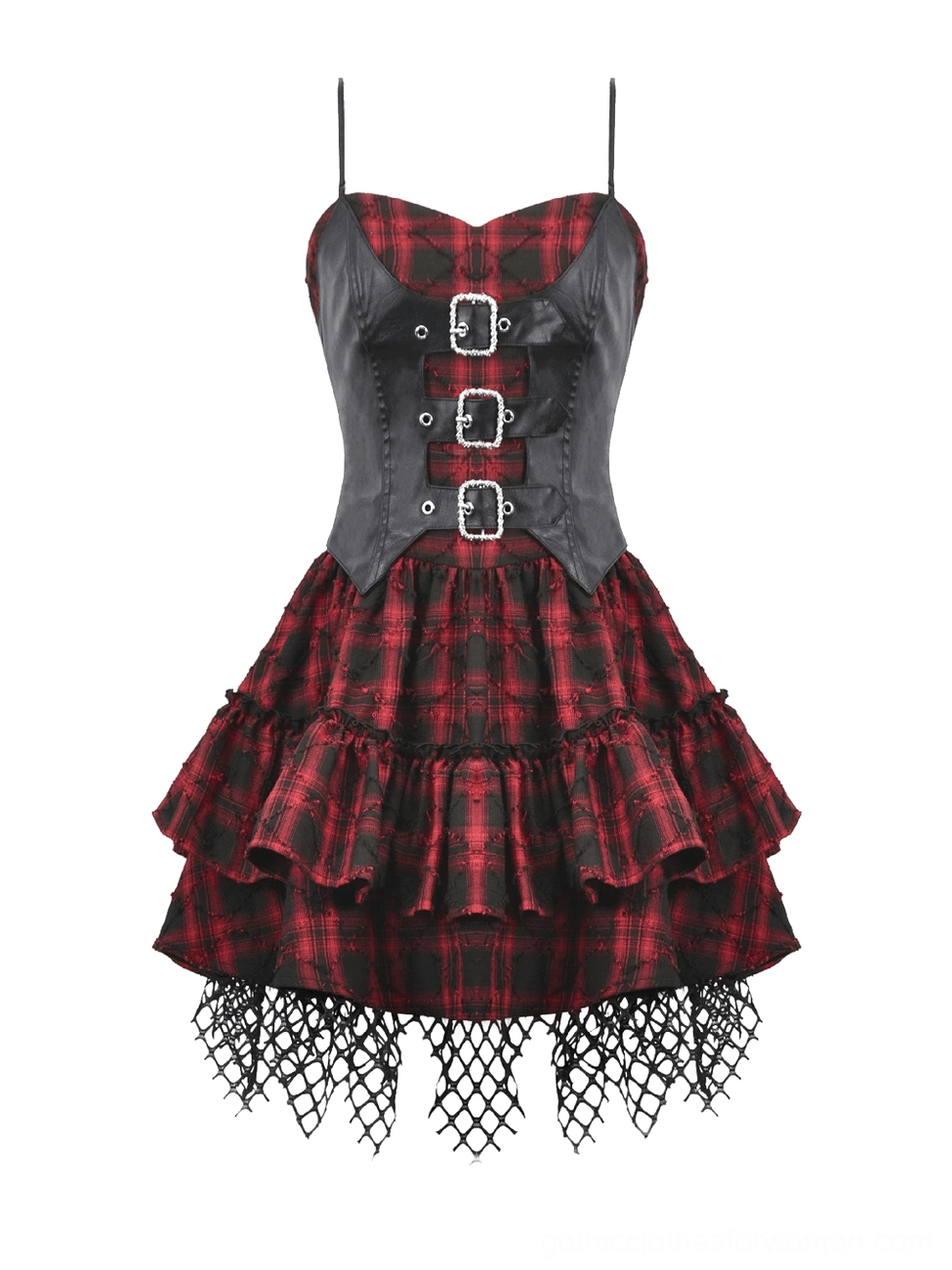 Flat lay front view of wine red tartan corset mini dress showing rhinestone buckle details, faux leather bodice construction, and layered ruffle design