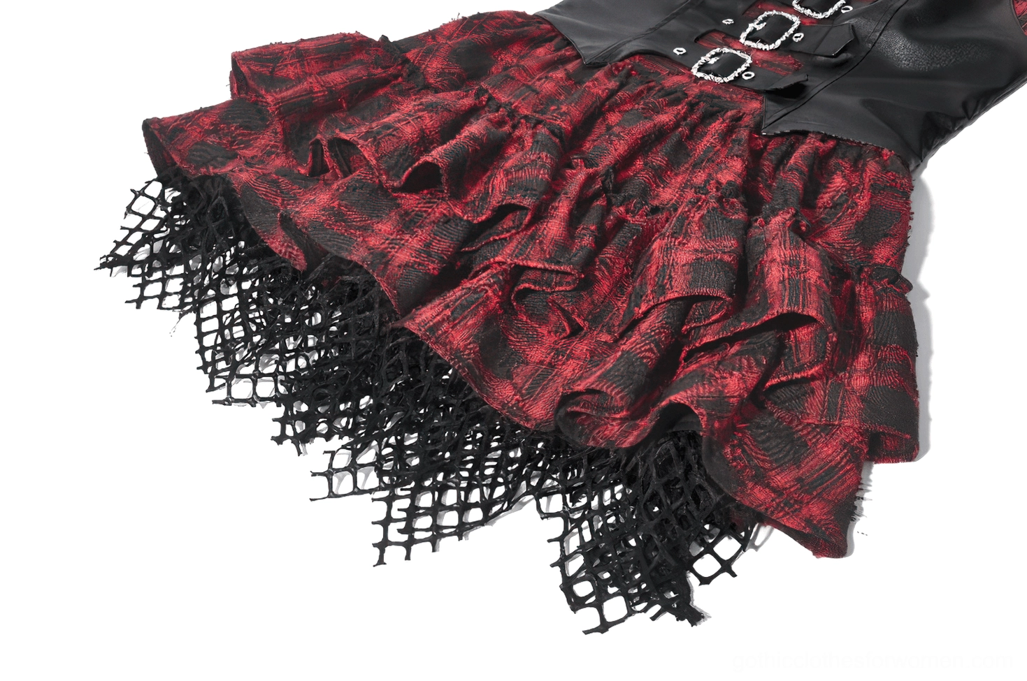 Additional angle of wine red tartan corset mini dress showing full tiered ruffle construction and layered skirt silhouette