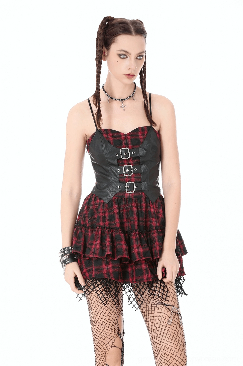 Alternative styling of wine red tartan corset mini dress showing versatility for different goth and alt fashion occasions