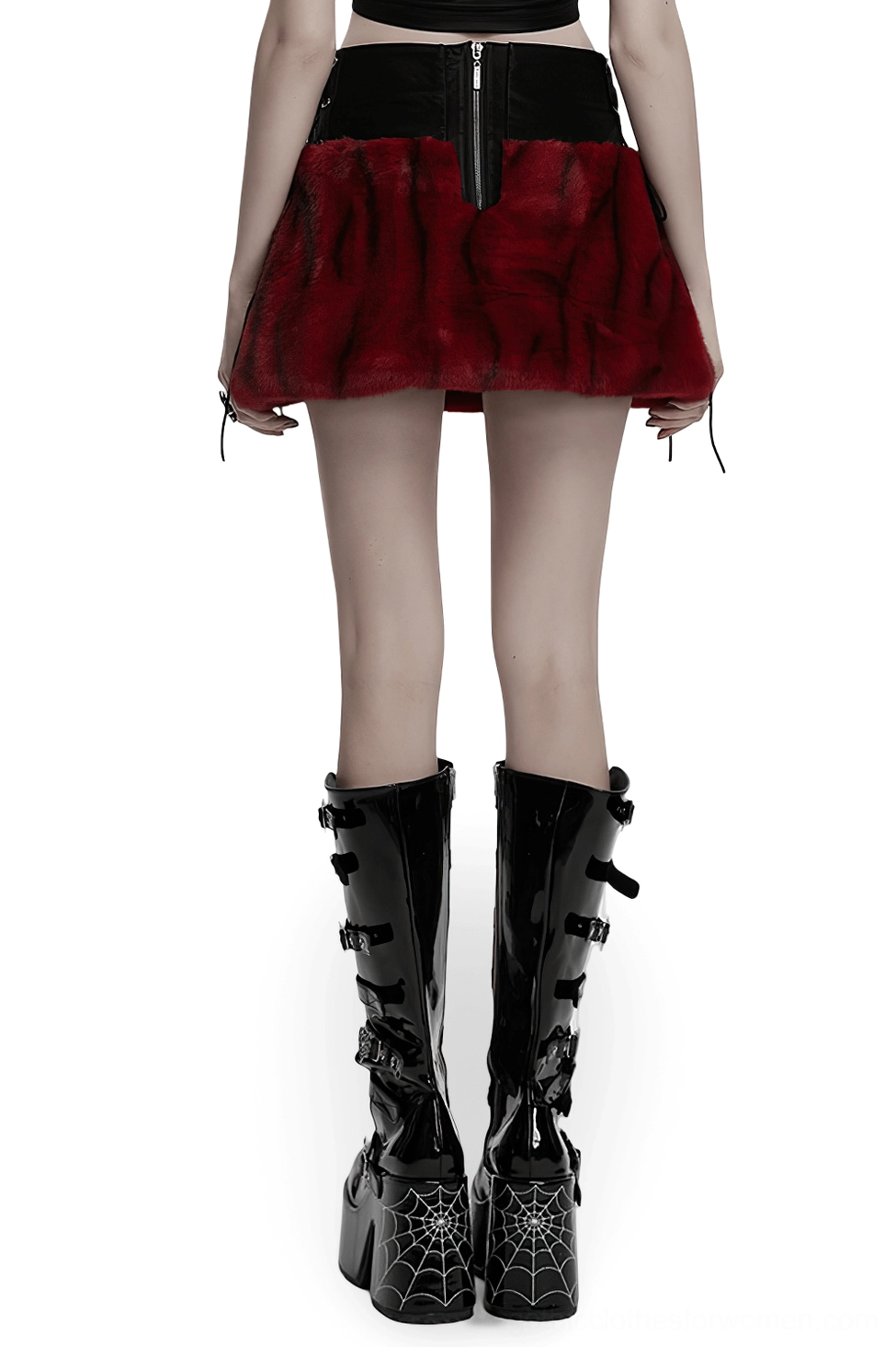 Rear view of flame tie-dye gothic skirt showing back zipper closure and adjustable side straps with platform boots