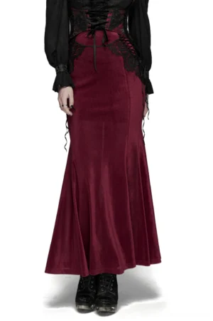 wine red velvet fishtail gothic skirt front view worn with black corset and boots