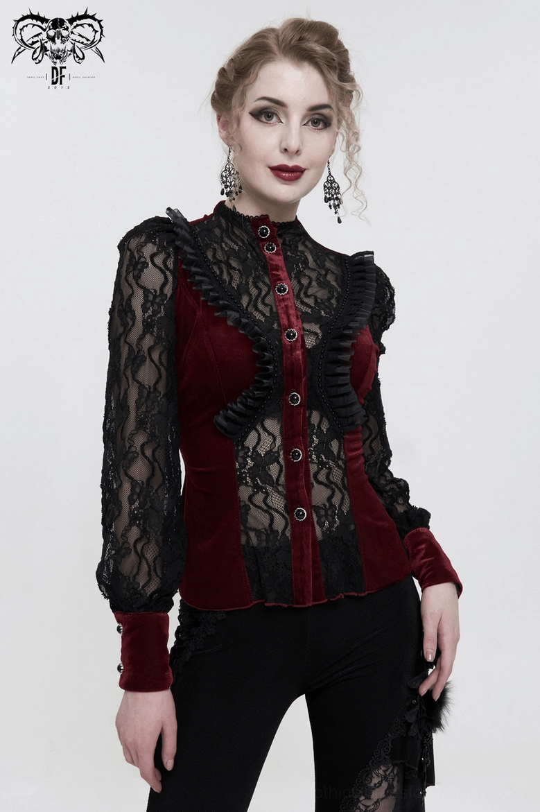 Wine red velvet gothic blouse with stand collar and black floral lace detailing - product showcase