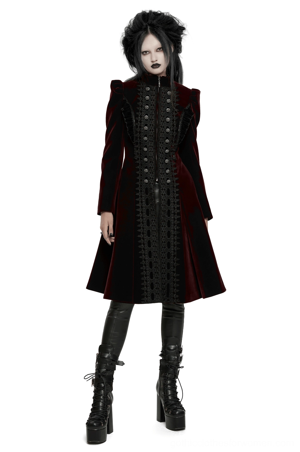 Wine red velvet gothic coat front view worn by model on white background, featuring black lace front panel and ornate metal buttons