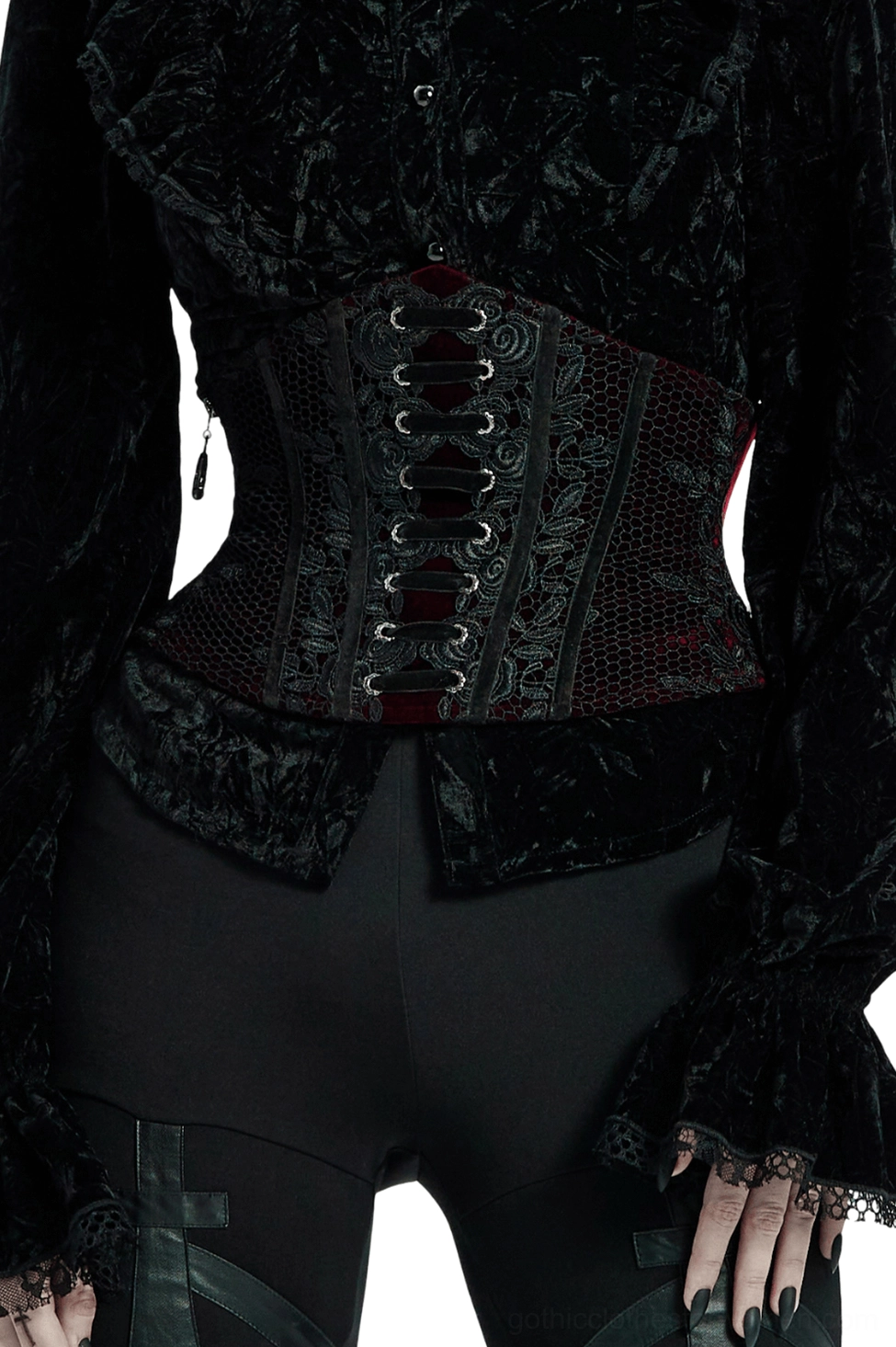 Wine red velvet gothic corset belt with black floral lace embroidery front view on model