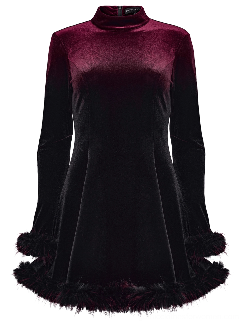 Wine red velvet gothic mini dress front flat product view gradient color scheme