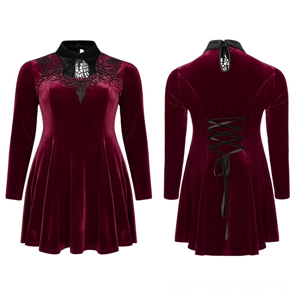 Wine red velvet gothic dress front and back flat lay comparison showing full silhouette with spiderweb lace collar