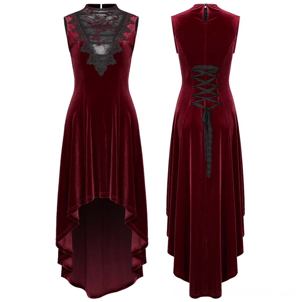 Wine red velvet high-low gothic dress front and back product display with lace yoke and adjustable corset lacing
