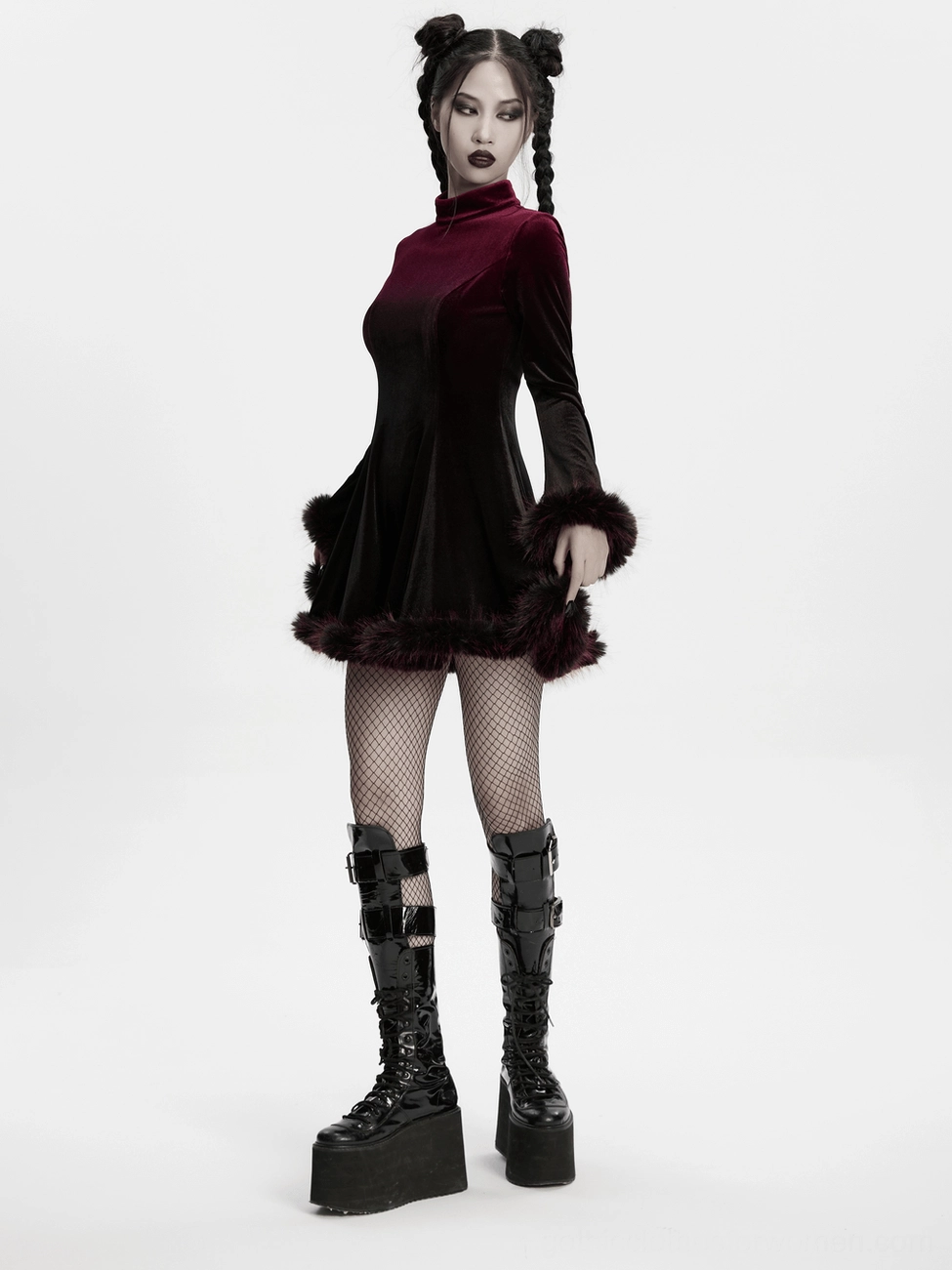 Wine red velvet gothic mini dress with feather trim paired with goth styling
