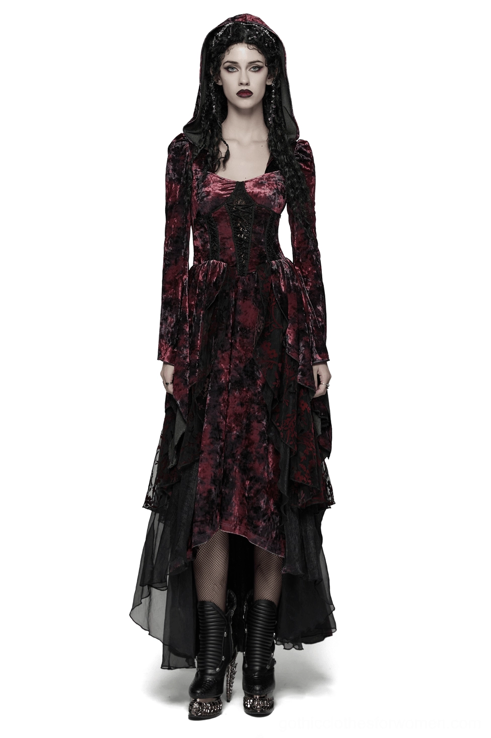 Wine red velvet gothic vampire hooded dress with high-low tulle hem, front full-body view on female model