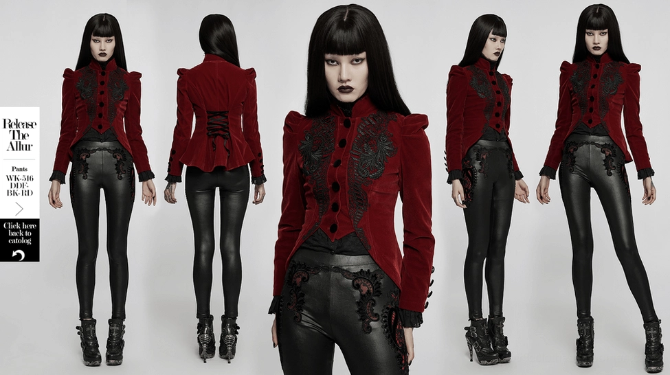 Wine red velvet gothic jacket comprehensive view showcasing complete design with lace embroidery, corset back, and Victorian-inspired silhouette