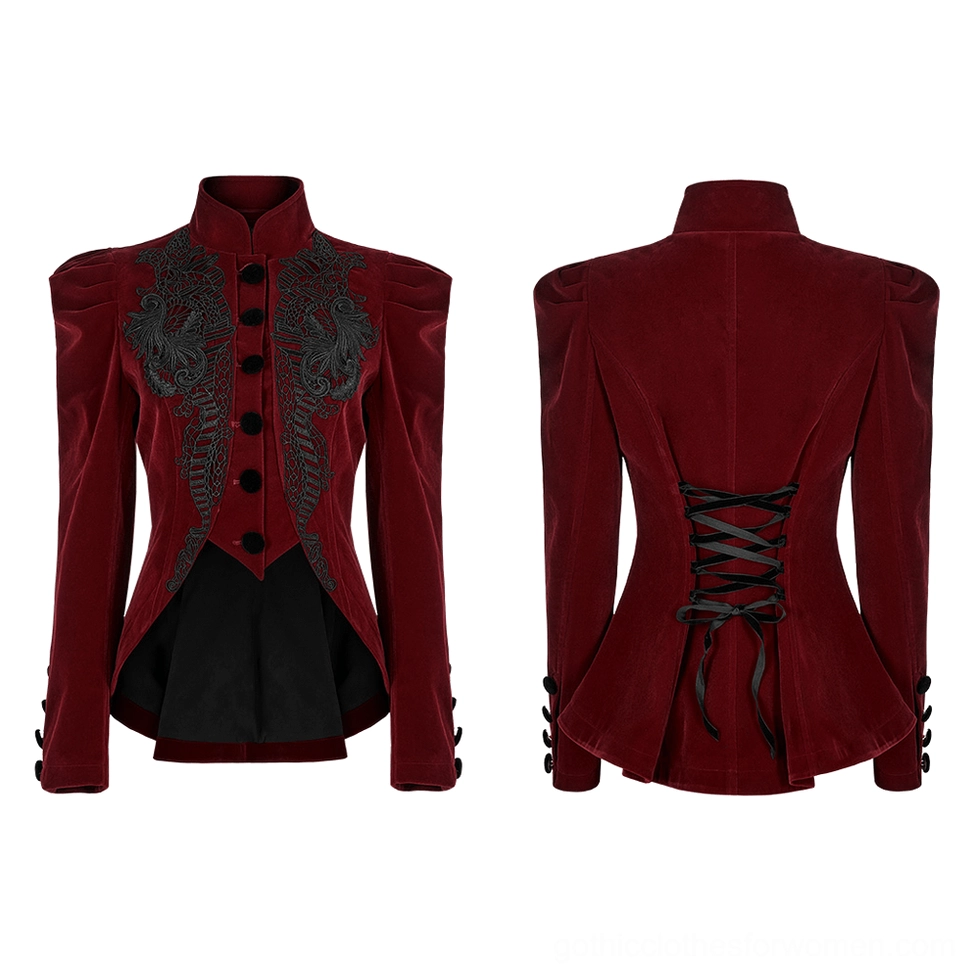 Flat lay of wine red velvet gothic jacket front and back, displaying complete jacket silhouette with black lace trim and curved hem