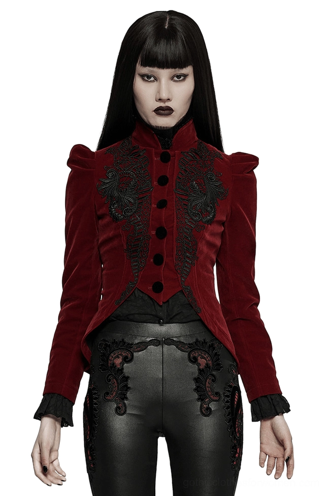 Wine red velvet gothic jacket front view with black lace embroidery on female model, featuring stand collar and padded shoulders