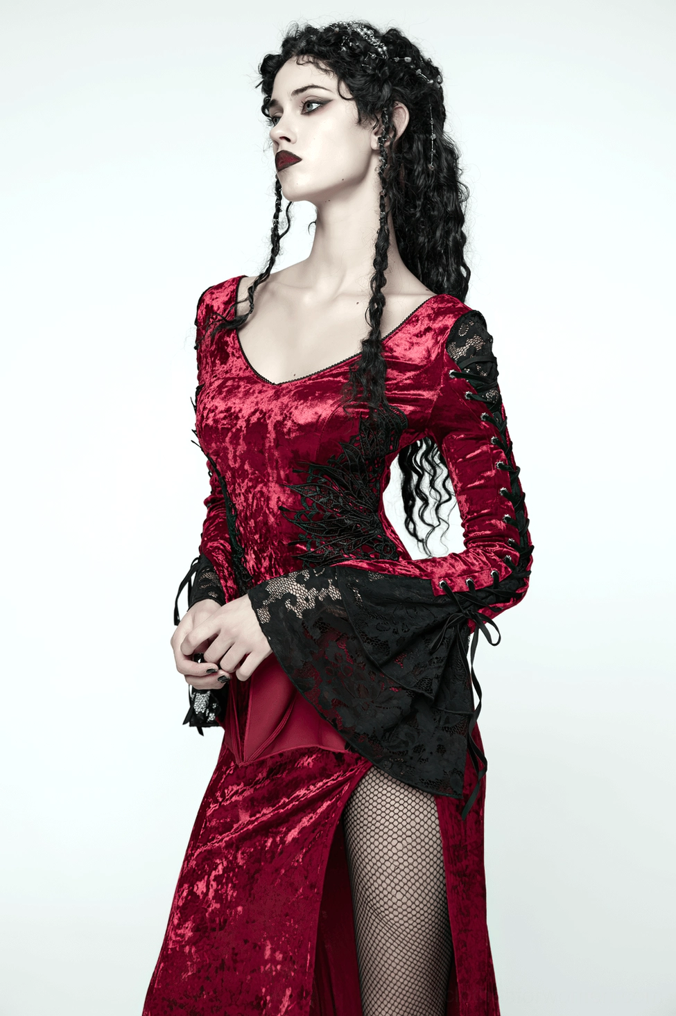 Full-length front view of wine red velvet gothic maxi dress with high side slit, lace details, and dramatic silhouette for dark fashion